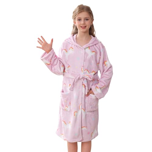 Image of V.&GRIN Girls Fleece Hooded Robe, Soft Unicorn Bathrobe for Kids 5-14 Years