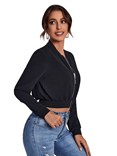Sweatyrocks Women's Casual Long Sleeve Solid Zip Up Coat Crop Bomber Jacket Black M #TOP4