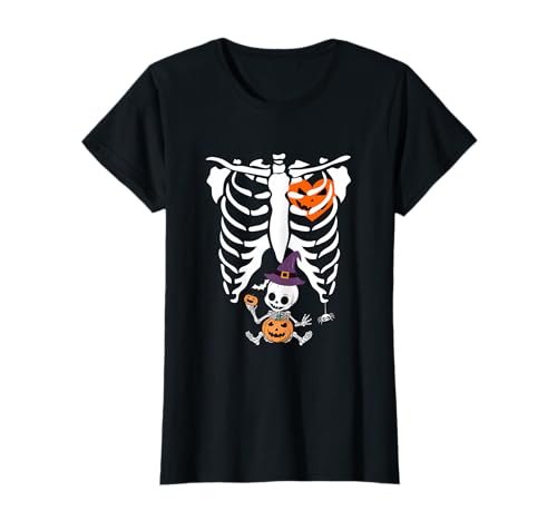 Disfraz Divertido de Halloween para Mujer Embarazada, Jaula de Costilla de Calabaza Camiseta
