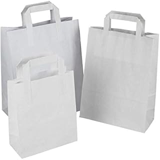 250 Takeaway Bags White Kraft Paper SOS Food Carrier Bags with Handles Eco Friendly Safe Party Takeaway Bar Restaurant Shopping Lunch Gift Picnic Durable & Biodegradable (SMALL (7" x 9" x 3.5"))