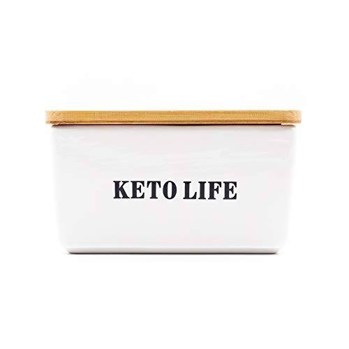 Pash Vista - Porcelain Butter Dish - KETO LIFE - Secure Airtight Bamboo Lid with Seal Ring - Stylish Large Porcelain Butter Dish - Quality and Value