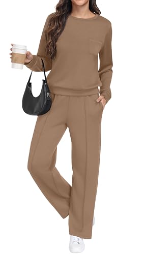 GRECERELLE Trainingsanzug Jogginganzug Damen Zweiteiler Outfits Tracksuit Langarm Lässige Crew Neck Casual Tops und Jogginghosen Trainingsanzüge mit Taschen (Dunkelkhaki, M)