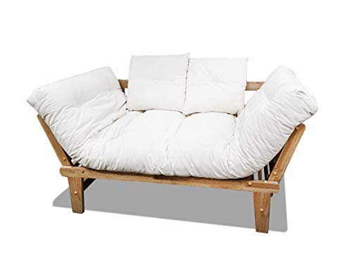 Sofá Cama futón Sésamo de 153x82x32 cm (Largo, Fondo y Altura) de Madera Maciza. Sofá de 2 plazas Convertible en Cama Individual de 80x200 cm (Ancho x Largo) y un futon de algodón Color Crudo de 80