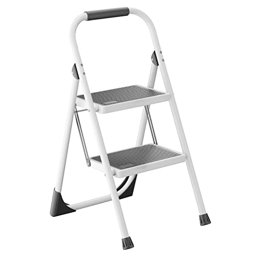 Steel Ladder,ALPURLAD Lightweight 2 Step Folding Step Stool with Handgrip Anti-Slip Sturdy and Wide...
