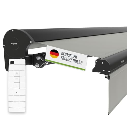 empasa Elektrische Kassettenmarkise 'Expert' Gelenkarmmarkise Markise Sonnenschutz mit manuell ausfahrbarem Volant, komplett vormontiert, in verschiedenen Größen und Farben