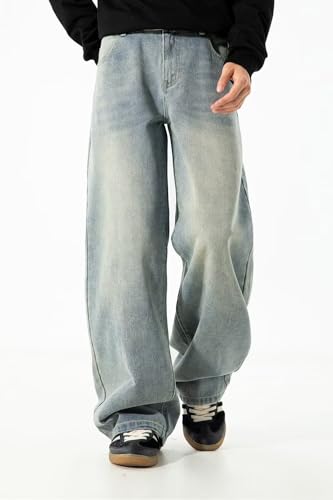 HENGAO Mens Baggy Jeans Vintage Hip Hop Wide Leg Denim Pants Y2K Streetwear Skater Loose Fit Trousers2