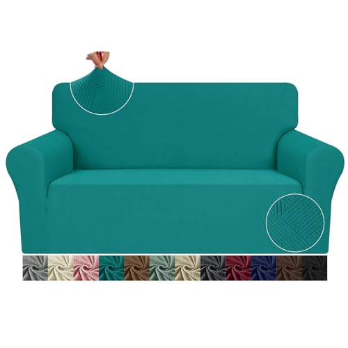 JIVINER Loveseat Slipcovers, 1 Piece Stretch Couch Covers for 2 Cushion Furniture Protector with Elastic Bottom for Kids Pets Jacquard 2 Seater Sofa Cover (Loveseat, Teal)