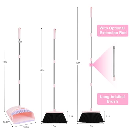 Image of BSKLIN Broom and Dustpan Set, 52 inch Long Adjustable Handle Broom with Dustpan Combo Set with Dust Pan Teeth to Clean Hair for Home Lobby Office Kitchen (Small-Pink-Purple)