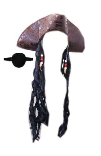 BXT Pirate Hat Cosplay Hat Wig Eye Patch Set Captain Role Play Props Headwear for Cosplay Halloween Party