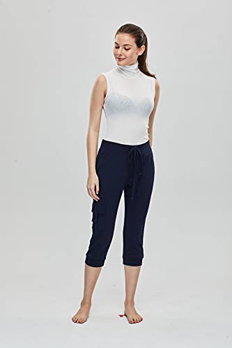 HSRKB Women's Yoga Capris Workout Pants Athletic Cropped Pants with 3 Pockets Navy Blue