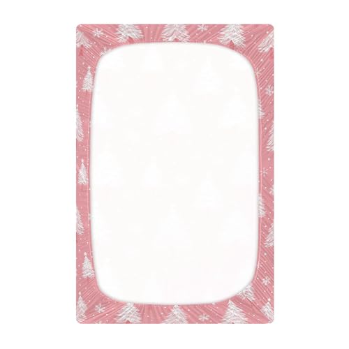 Image of Christmas Pinks Trees Snowflakes Crib Sheets Soft Breathable Fitted Baby Crib Sheets Mattress Cover for Girls Boys, 52 inch x 28 inch x 9 inch