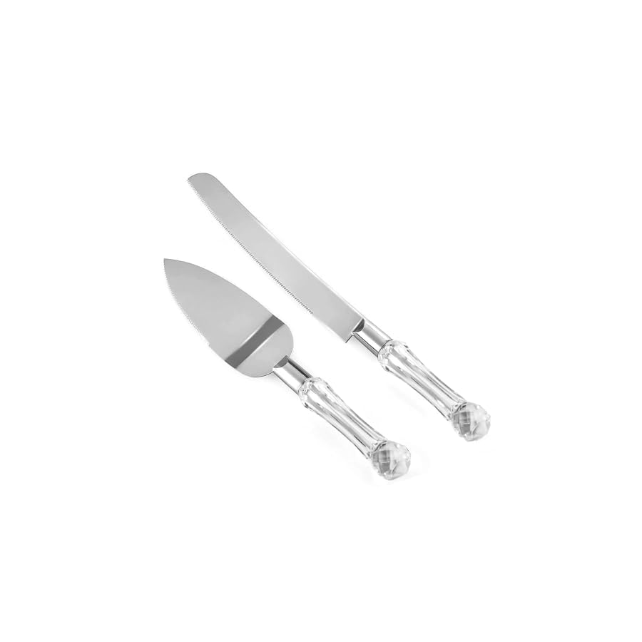 Wedding Cake Knife and Server Set, Cake Cutter and Pie Spatula, Cake Server and Knife Set of 2 with Crystal Handles, 1.2mm Thick Blades, Cutting Set for Birthdays, and Parties (Crystal Silver)