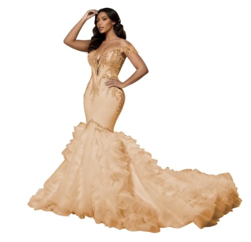 Glitter Mermaid Wedding Dresses Plus Size for Brides Off Shoulder Mermaid Beaded Appliques Bridal Gowns with Long Train Champagne