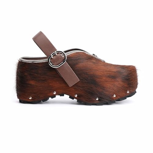 Image of XOBZJH Women's Natural Cow Print Fur Platform Clogs with Decorative Zipper & Adjustable Buckle Strap - Western Slip-On Punk Rivet Mules with Arch Support, Chunky Retro Rustic Style