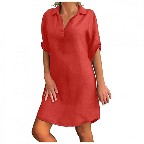 Gillberry Women's Casual Cotton Linen Blouse Dress Short Sleeve V Neck Summer Plus Size Holiday Tunic Dresses S-5XL Hot Pink