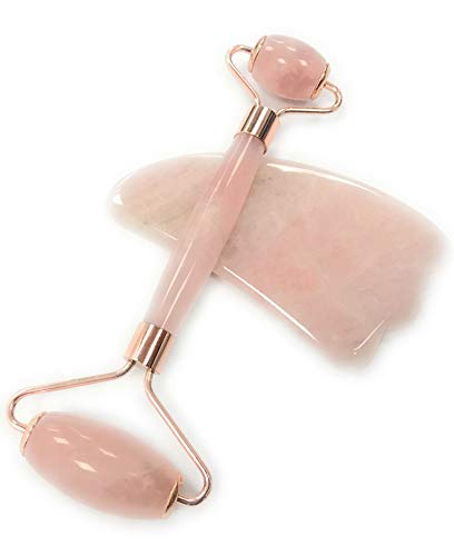 Eskyhouse Natural Jade Roller For Face - Gua Sha Scraping - Aging Wrinkles, Puffiness Facial Skin Massager Treatment Therapy - Premium Authentic Rose Quatz Pink Jade Stone Eye Roller Massager
