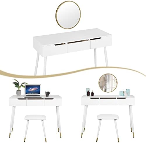 WOLTU White Makeup Table Set, Dressing Desk with Padded Stool and Wall Mounted Mirror, Modern Vanity table with 3 Drawers, Wooden Cosmetic Table, White+Gold, 100x40x77.5cm, MB6088ws