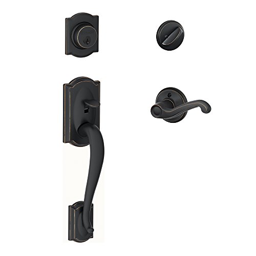 Image of SCHLAGE Lock Company Camelot Single Cylinder Handleset and Left Hand Flair Lever, Aged Bronze (F60 CAM 716 FLA LH)