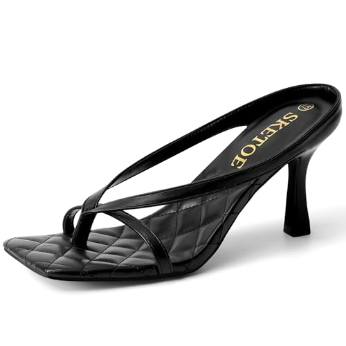 SKETOE Kitten Heels for Women Square Open Toe Sandals Dressy Wedding Party Shoes Flip Flops T Strap Slip On 3inch High Heels Black