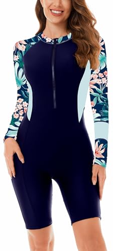 Full Body Dive Skin Women Quick Dry UV Protection Wetsuit Ultra Stretch Warm Surfing One Piece Front Zipper Rash Guard 4-6 Small Dark Blue-8