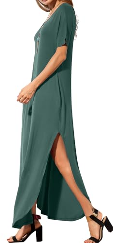 Image of GRECERELLE Women's Summer Maxi Dress Casual Loose V Neck Short Sleeve Side Split Long Dresses with Functional Pockets