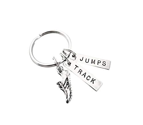 RUN TRACK JUMPS Key Chain - Running Shoe Charm and Hand Stamped TRACK and JUMPS Pendants on Round Key Ring - Track Jumps Events