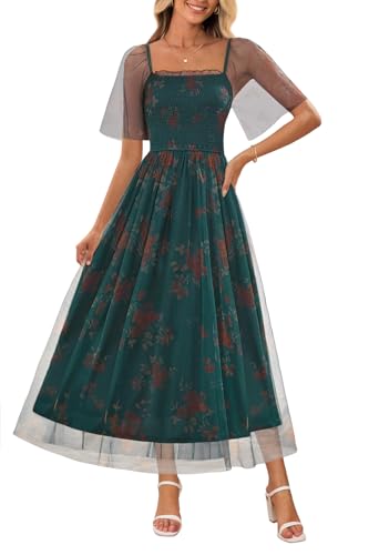 MEROKEETY Women's 2025 Summer Short Sleeve Floral Tulle Dress Square Neck Smocked Party Wedding Boho Maxi Dresses