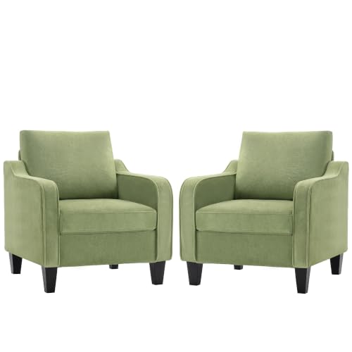 Image of Mid-Century Modern Accent Chairs Set of 2, Living Room Chairs, Comfy Reading Armchair, Upholstered Small Sofa Chair for Bedroom, Office, Green