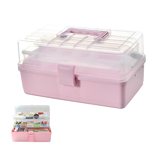 FOREVERIE 3 Tiers Storage Sewing Box Organizer, Large Office Art & Craft Supplies Storage Box, Portable Travel Cosmetics Case, Beauty Product Storing Box, Multi Layers Plastic Storage Box, Pink