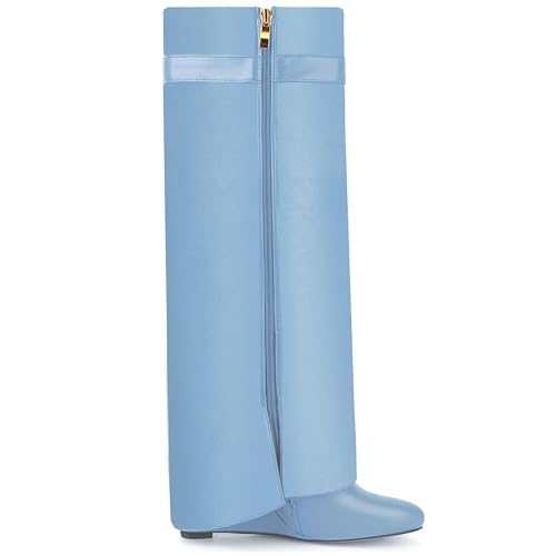 Image of Fold Over Boots for Women Pointy Pull-on Wedge Heel Knee Shark Boot With Side Zipper Padlock Design