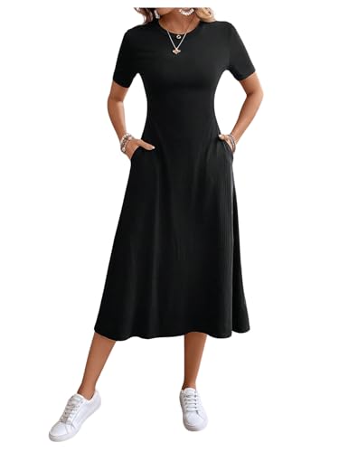 SweatyRocks Damen T-Shirts Kleid A Linie Midikleid Casual Freizeitkleid Kurzarm Sommerkleid mit Taschen Schwarz L
