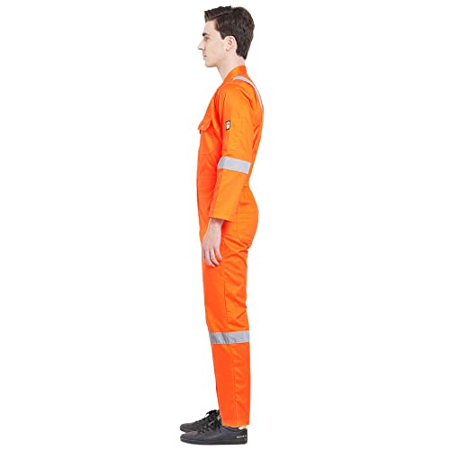 Image of MEN'S 100% COTTON FIRE RETARDANT INDUSTRIAL WORK WEAR COVERALL BOILER SUIT WITH REFLECTIVE TAPE 245 GSM (L - 40, ORANGE)