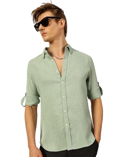 Image of Thomas Scott Men's | Solid | Textured Fabric | Full Sleeve | Slim Fit | Polyester-Blend | Spread Collar | Casual Shirt