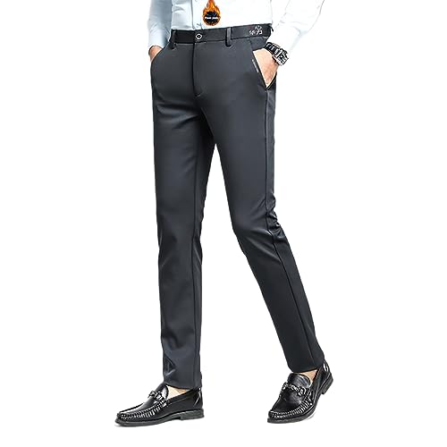 Fleece Lined Dress Pants Men New Slim Fit Cut Flat-Front Trousers
