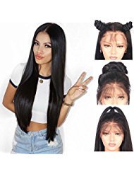 ANDRIA Lace Front Wig Synthetic Wigs Heat Resistant Hair Long Straight Synthetic Hair Wigs with Baby Hair Bleached Knots Pre Plucked Wigs for Black Women (Black Hair 26")