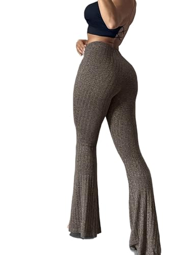 Women's High Waisted Ribbed Knit Flare Pants Stretchy Bell Bottom Trousers Butt Lift Lounge Yoga (US, Alpha, Medium, Regular, Regular, Heather Brown)