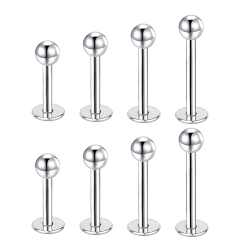 Gojewen 8pcs piercings pour lèvres labret 6-12mm en acier inoxydable 16G dos plat hélix tragus cartilage boucle d'oreille argent