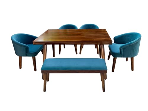Image of DaneWood Wooden Dining Table 6 Seater | Six Seater Dinning Table with Upholstered 4 Dining Chairs & 1 Bench for Home | Dining Room Sets for Restaurants | Sheesham Wood | Honey Finish & Blue