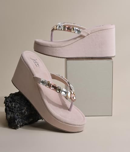 Image of JM LOOKS Women's Rhinestone Sandals High | Low Platform T-Strap Jewel Sandals High Wedge Flip Flops Sandal Summer Beach Sandal