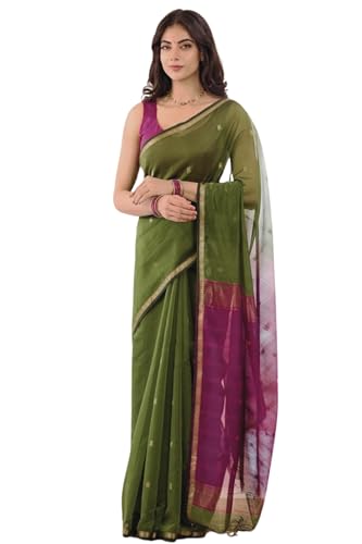 Image of Women's Cotton Woven Soft Sarees With Attach Blouse Piece.