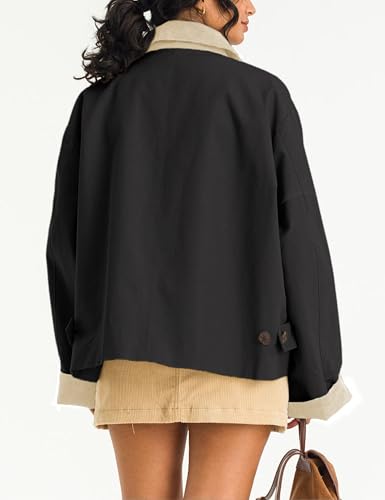 Lviefent Black Contrast Collar Crop Trench Coat for Women - Large Size - Image 3