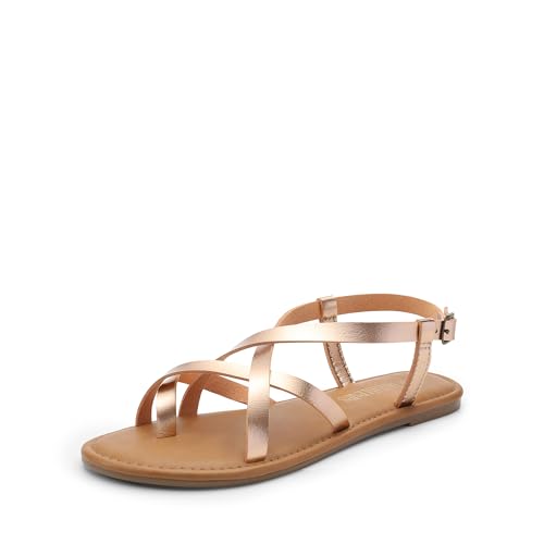DREAM PAIRS Women's Flat Sandals Strappy Dressy Comfortable Ankle Strap Casual Summer Thong Sandals for Beach,Size 10,Rose Gold,SDFS2401W