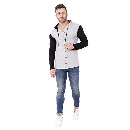 Image of Geum Men's Full Sleeve Hooded T-Shirt with Button-Down Front | Casual Slim Fit Cotton Shirt-Style Tee