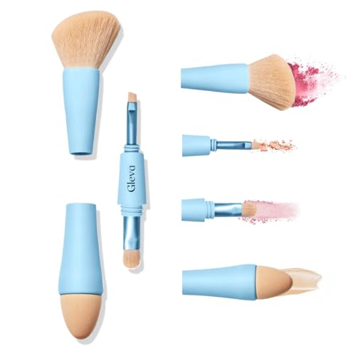 Gleva Multi Tasker 4-in-1 Travel Makeup Brush, Detachable Makeup Brush Set All-in-One Makeup Sponge, Eyeshadow, Eyebrow, Liner, Blush Blending Brush for Foundation, Concealer, & Powder (Blue)