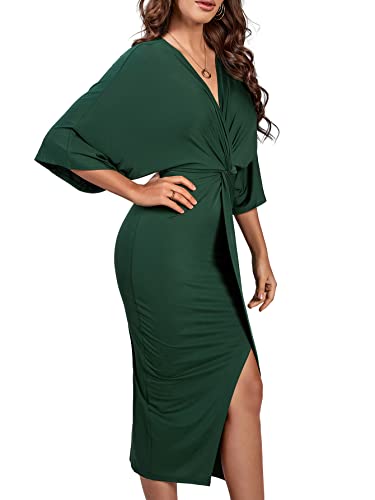 Lyaner 23-LYDS722320865DG1-L Women'S V Neck Wrap Twist Front Half Sleeve Split Hem Cocktail Party Bodycon Midi Dress Green Large thumb #3