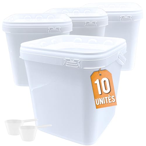 Üka • 10 Seaux en Polypropylène Blanc 5,4 L - 20x20x20,5 cm. Stockage en Plastique Dur avec Couvercle. Récipients Alimentaires Hermétiques. Seaux Vides...