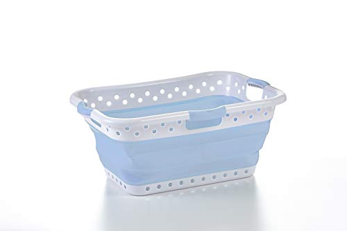 Image of ULTRA-SLIM, COLLAPSIBLE LAUNDRY BASKET / UTILITY; Pop & Load Collapse & Store Collection in Glacier Blue ; Large Hipholder Basket Has 3 Handles: 25 inch Tall When Fully Opened / 3 inch Tall Folded