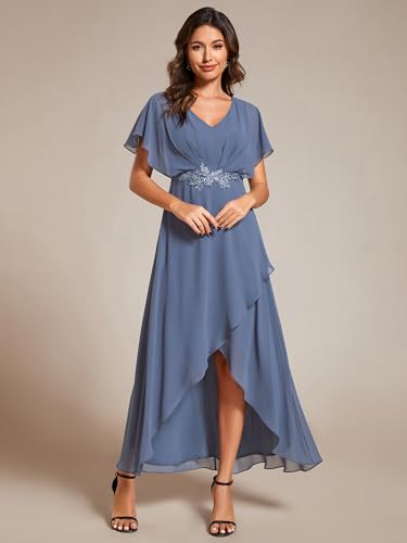 Image of Ever-Pretty Women's Formal Dress A Line V Neck Applique Waist Tea Length Wedding Guest Dress 02027
