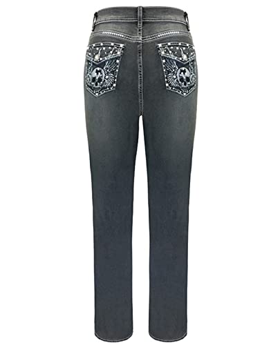 Women's Vintage Distressed Bootcut Jeans Stretch Slim Embroidered Cowgirl Pants with Rhinestone Pockets