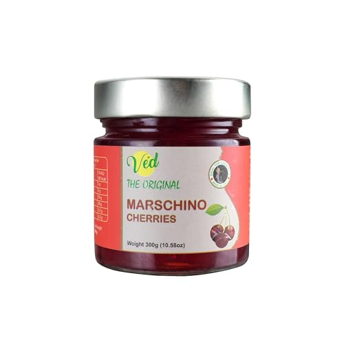 Ved Gourmet Original Red Marasquin Cerises - Cerise Italienne pour Cocktails à l'Ancienne - Cocktail Vegan, Cerises Bourbon au Sirop Naturel pour Garniture Cocktail (300 g (paquet de 1))